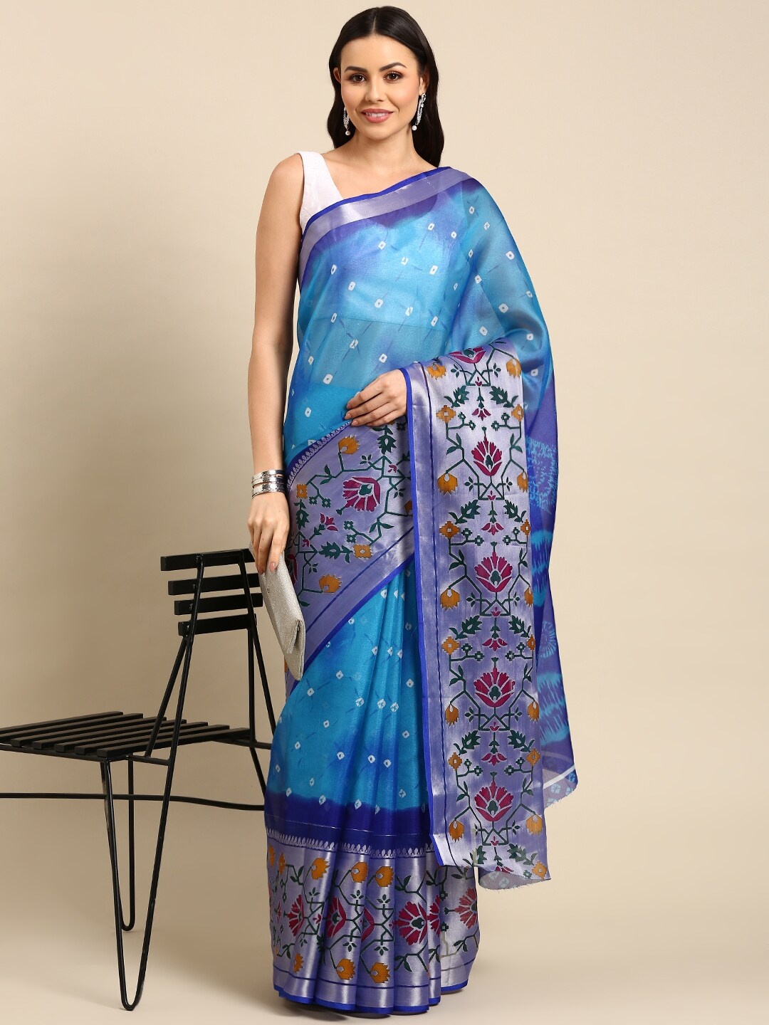 

Anouk Bandhani Pure Cotton Zari Saree With Blouse Piece, Turquoise blue