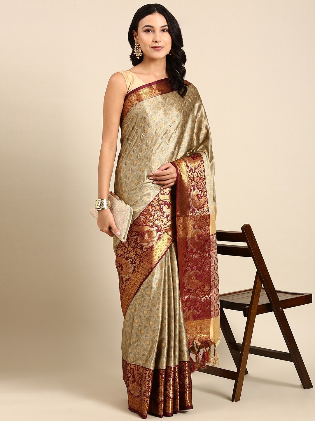 

Anouk Ethnic Motif Silk Blend Kanjeevaram Zari Saree With Tassel, Beige