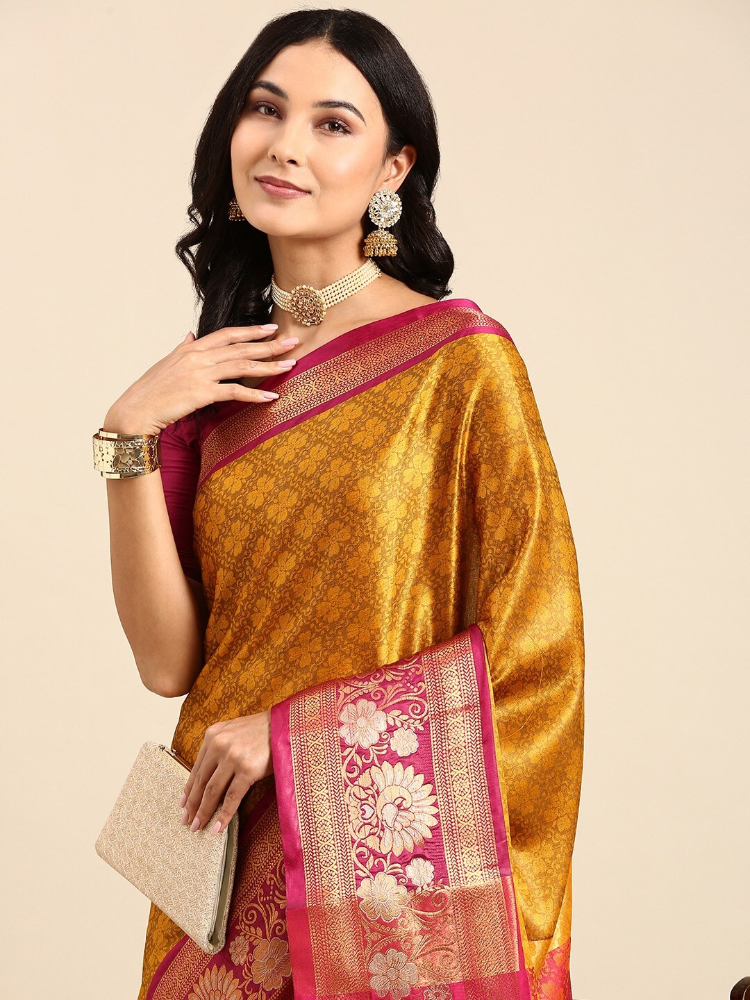 

Anouk Ethnic Motif Silk Blend Kanjeevaram Zari Saree With Tassel, Mustard