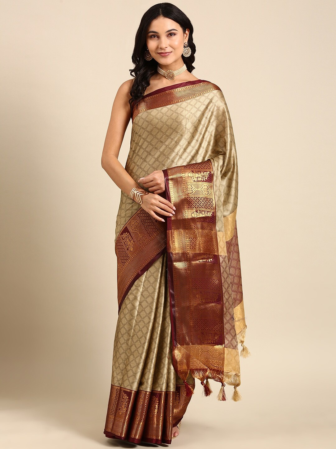 

Anouk Ethnic Motif Silk Blend Kanjeevaram Zari Saree With Blouse Piece, Beige