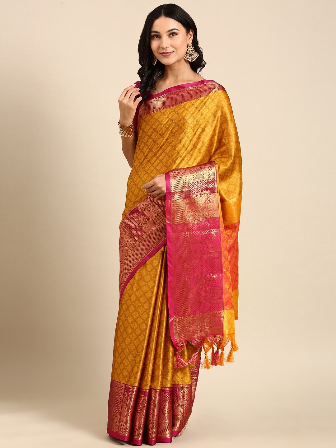 

Anouk Ethnic Motif Silk Blend Kanjeevaram Zari Saree With Blouse Piece, Mustard