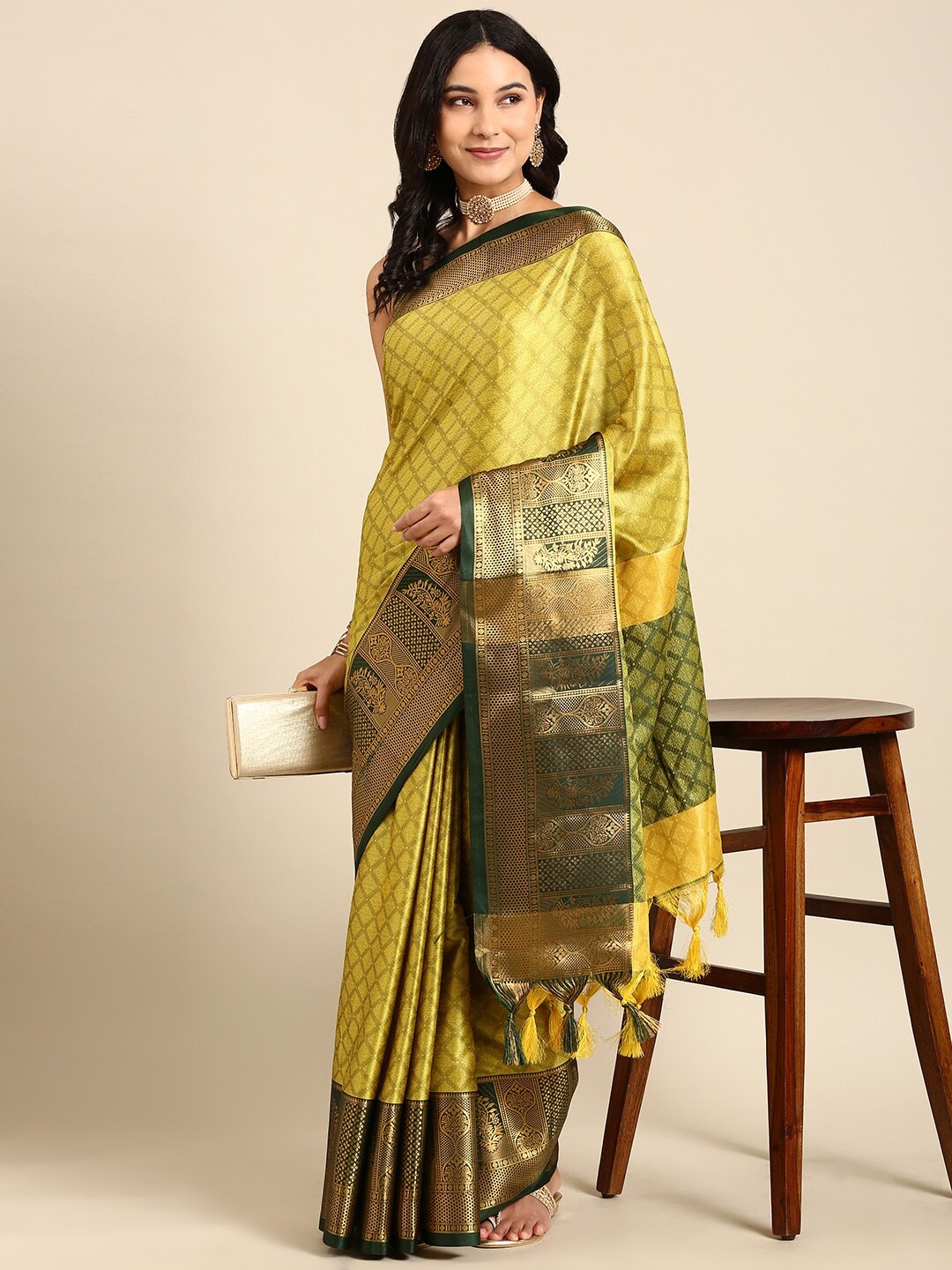 

Anouk Lime Green & Yellow Woven Design Zari Kanjeevaram Saree