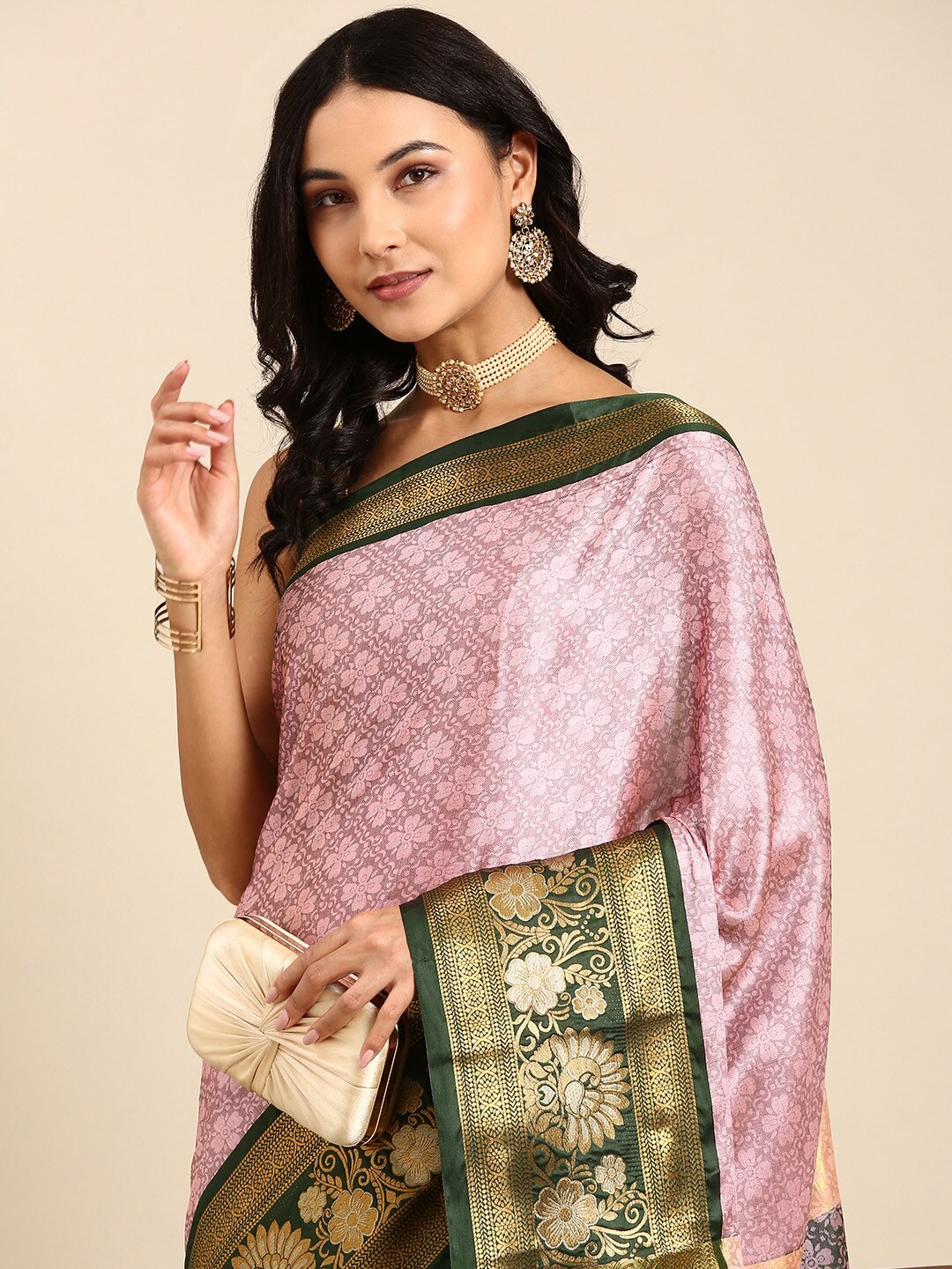 

Anouk Pink & Black Woven Design Zari Kanjeevaram Saree