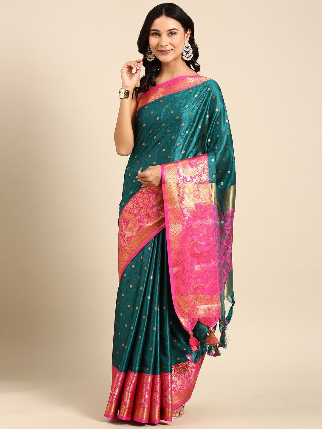 

Anouk Ethnic Motif Silk Blend Kanjeevaram Zari Saree With Tassel, Teal