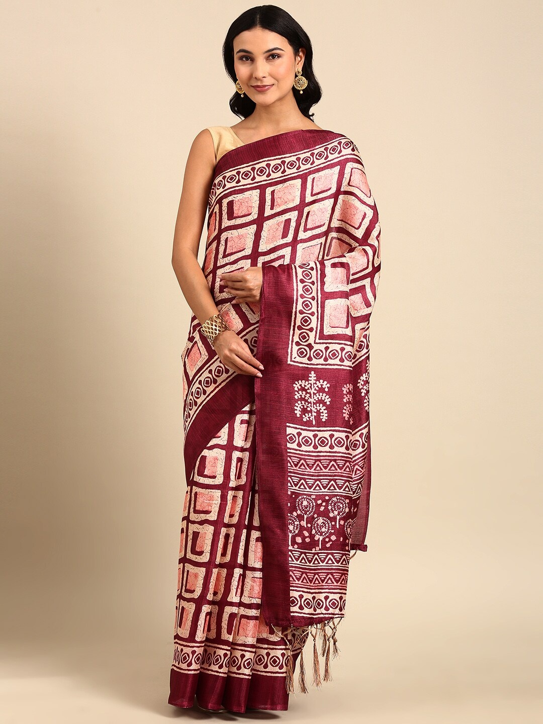 

Anouk Magenta & White Geometric Silk Cotton Kota Saree
