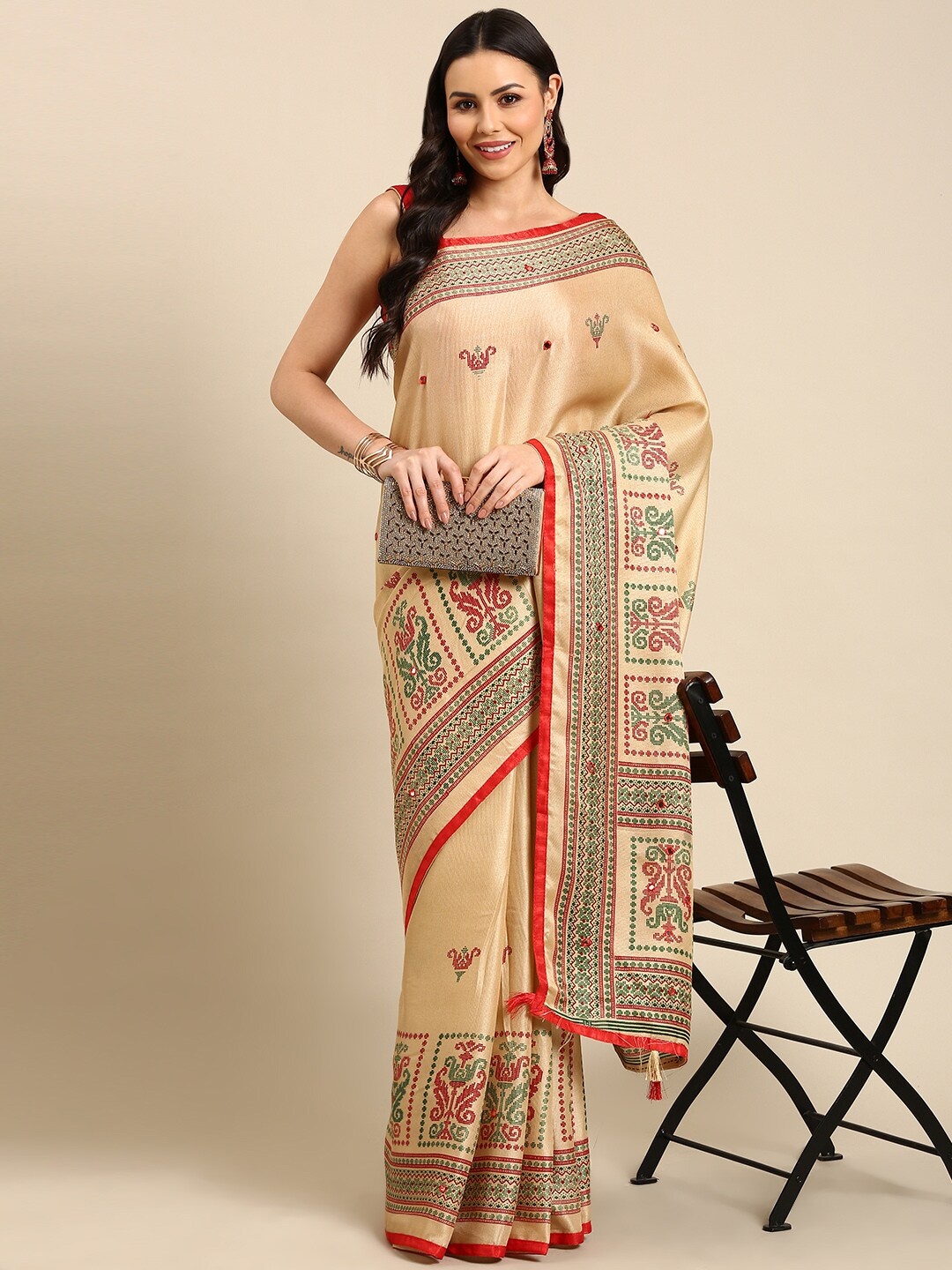 

Anouk Ethnic Motif Mirror Work Silk Cotton Kota Saree With Tassel, Beige