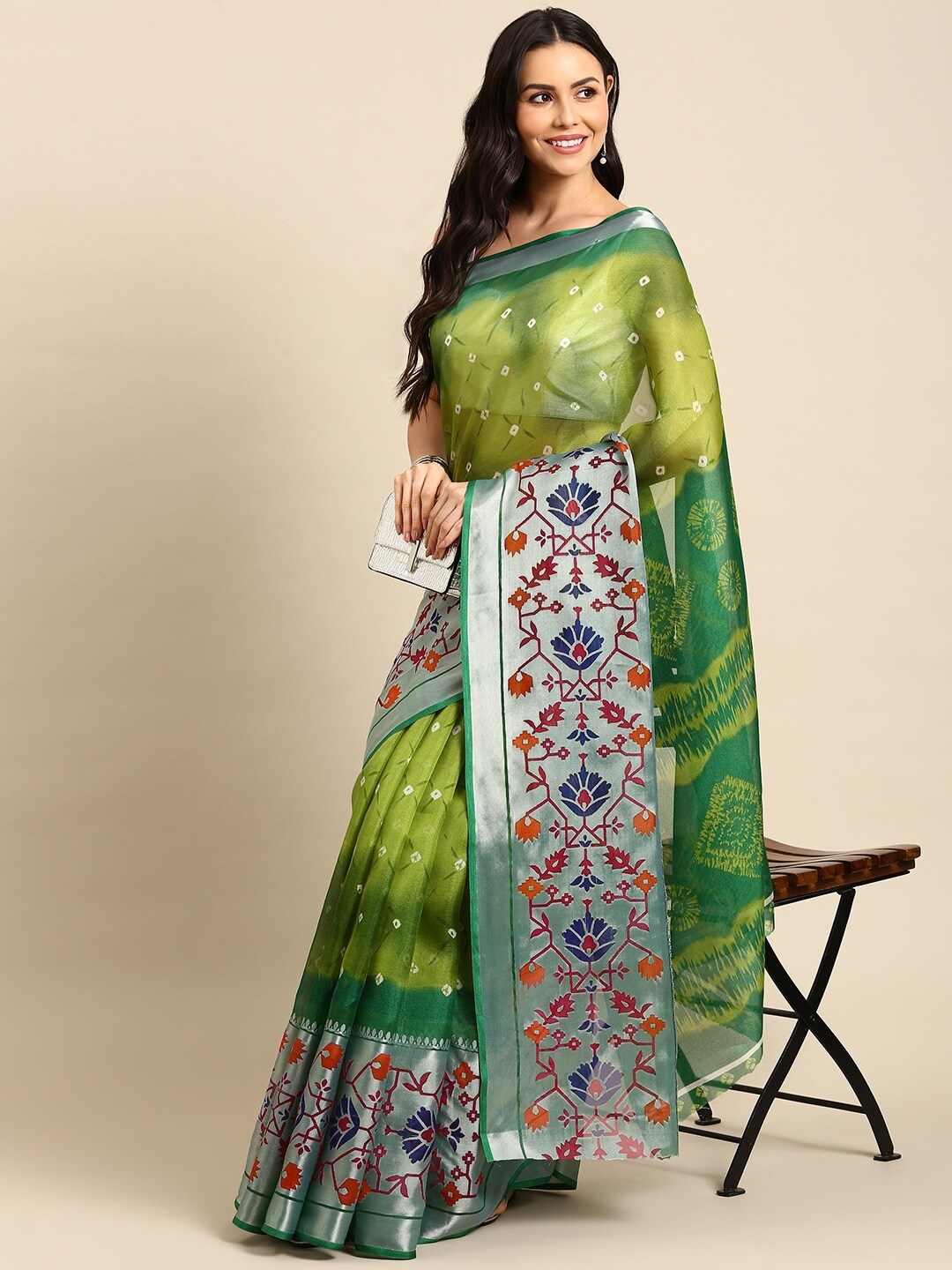 

Anouk Lime Green & Silver-Toned Bandhani Zari Pure Cotton Saree