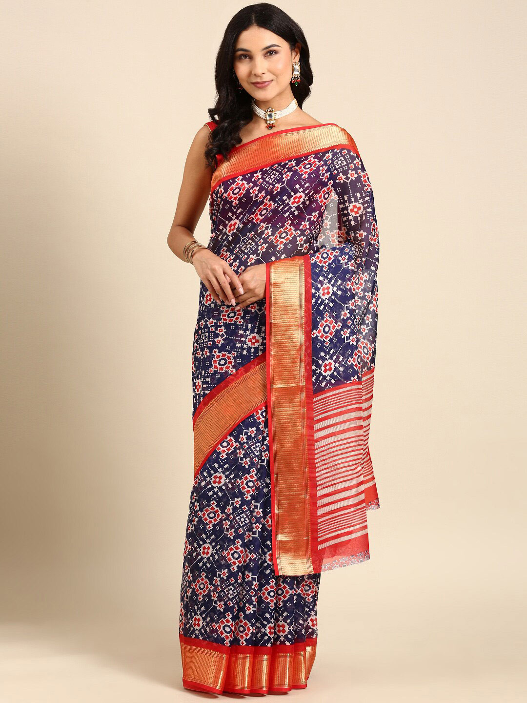 

Anouk Navy Blue & White Ethnic Motifs Printed Zari Pure Cotton Saree