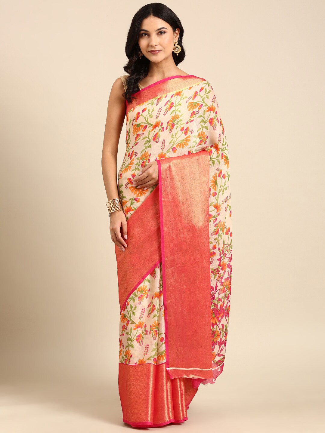 

Anouk Cream-Coloured & Pink Floral Zari Pure Chiffon Saree