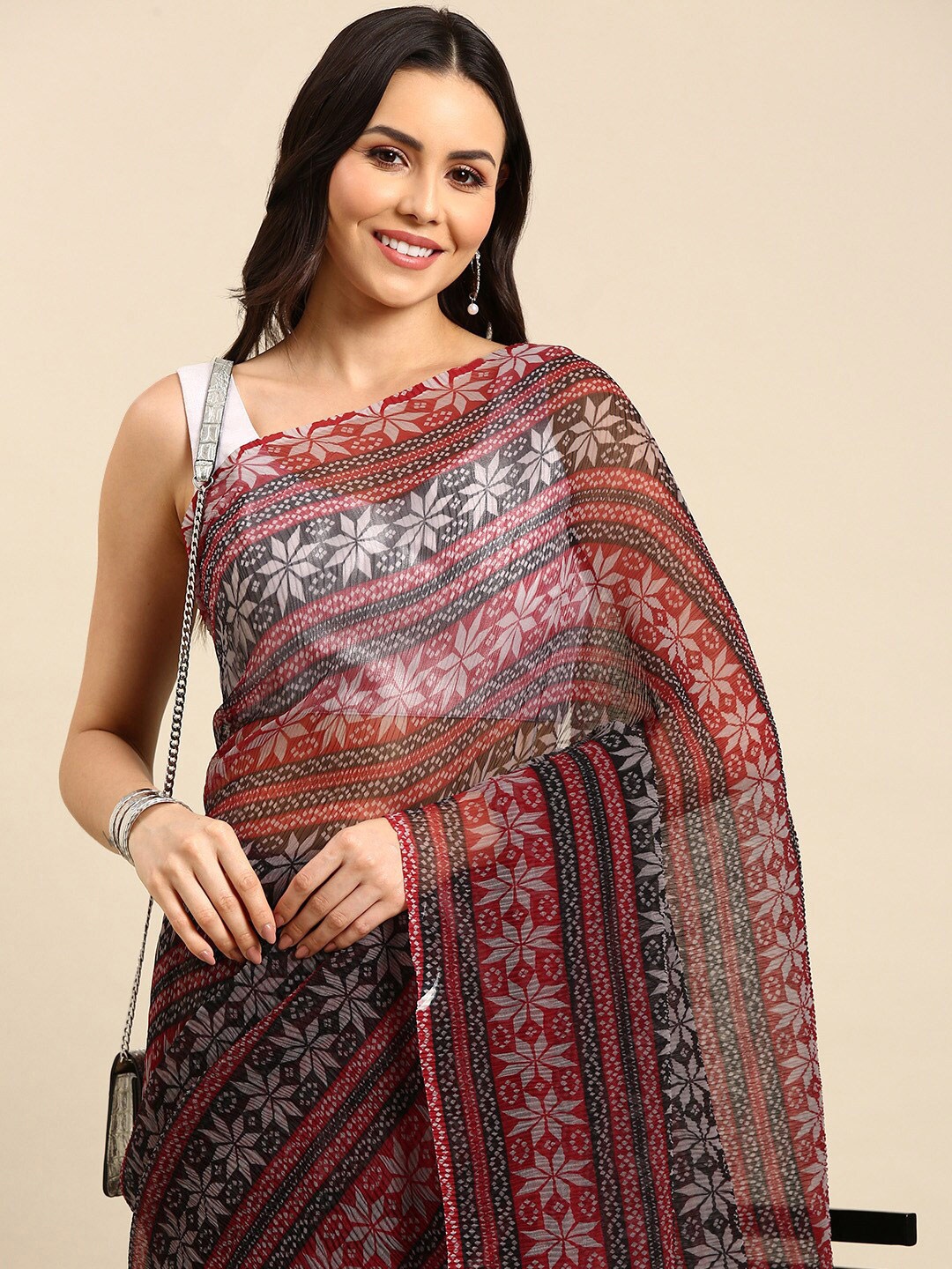 

Anouk Maroon & Black Geometric Pure Chiffon Saree