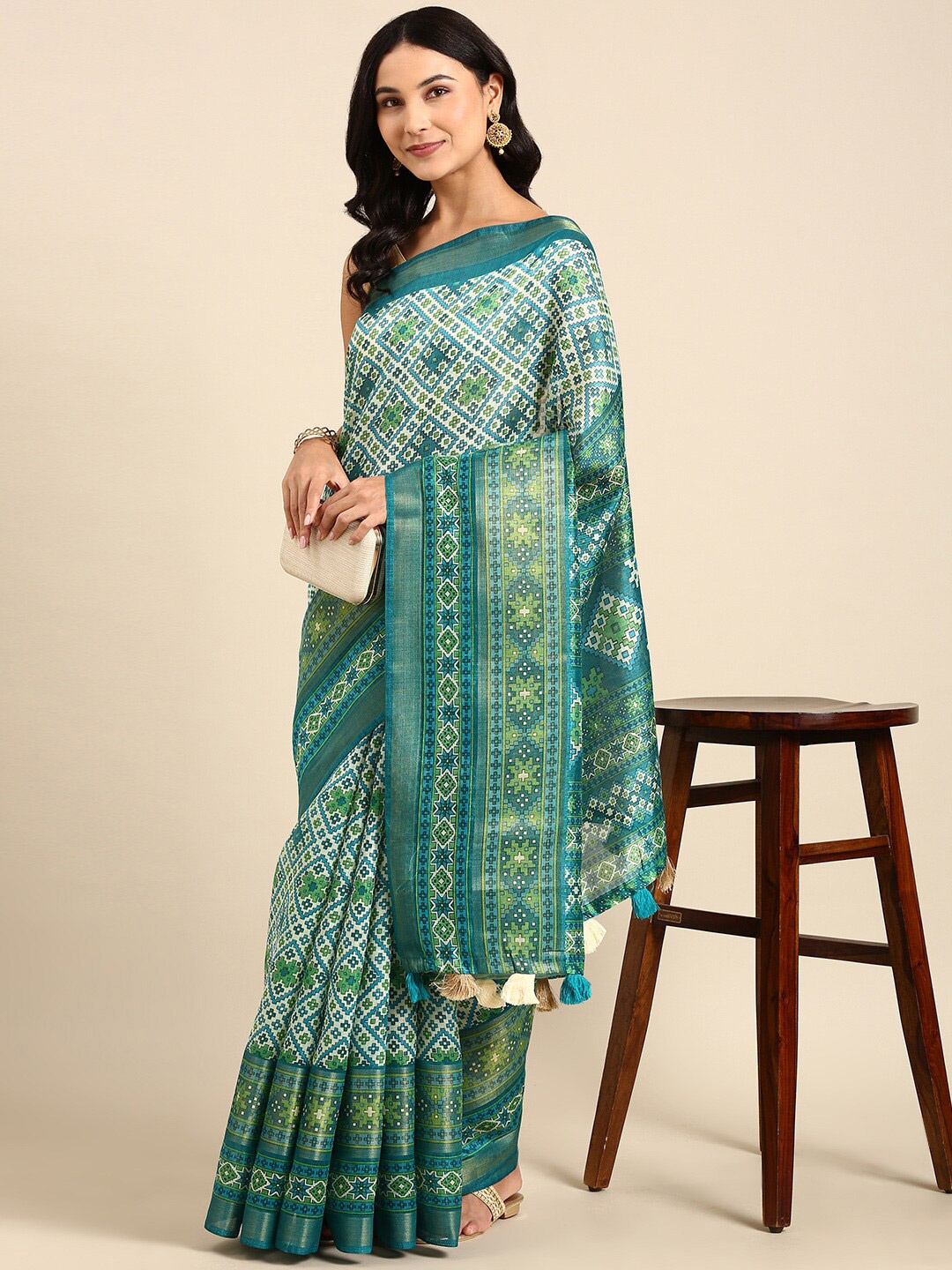 

Anouk Green & Blue Geometric Zari Pure Cotton Saree