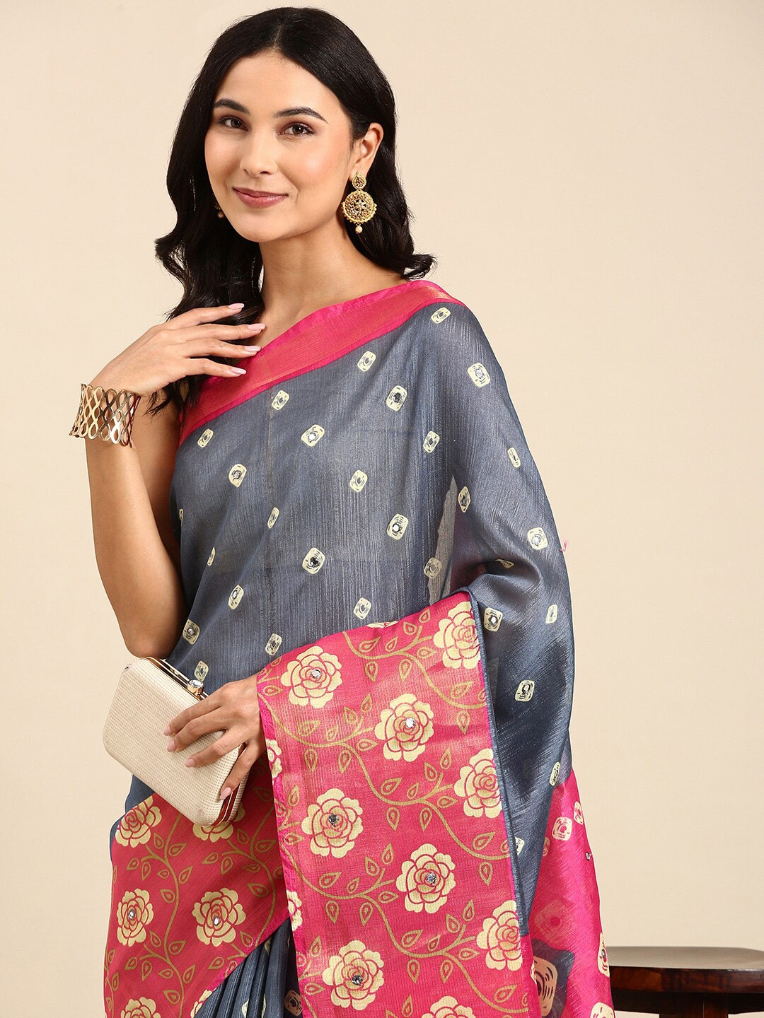 

Anouk Ethnic Motif Mirror Work Pure Cotton Saree With Tassel, Grey