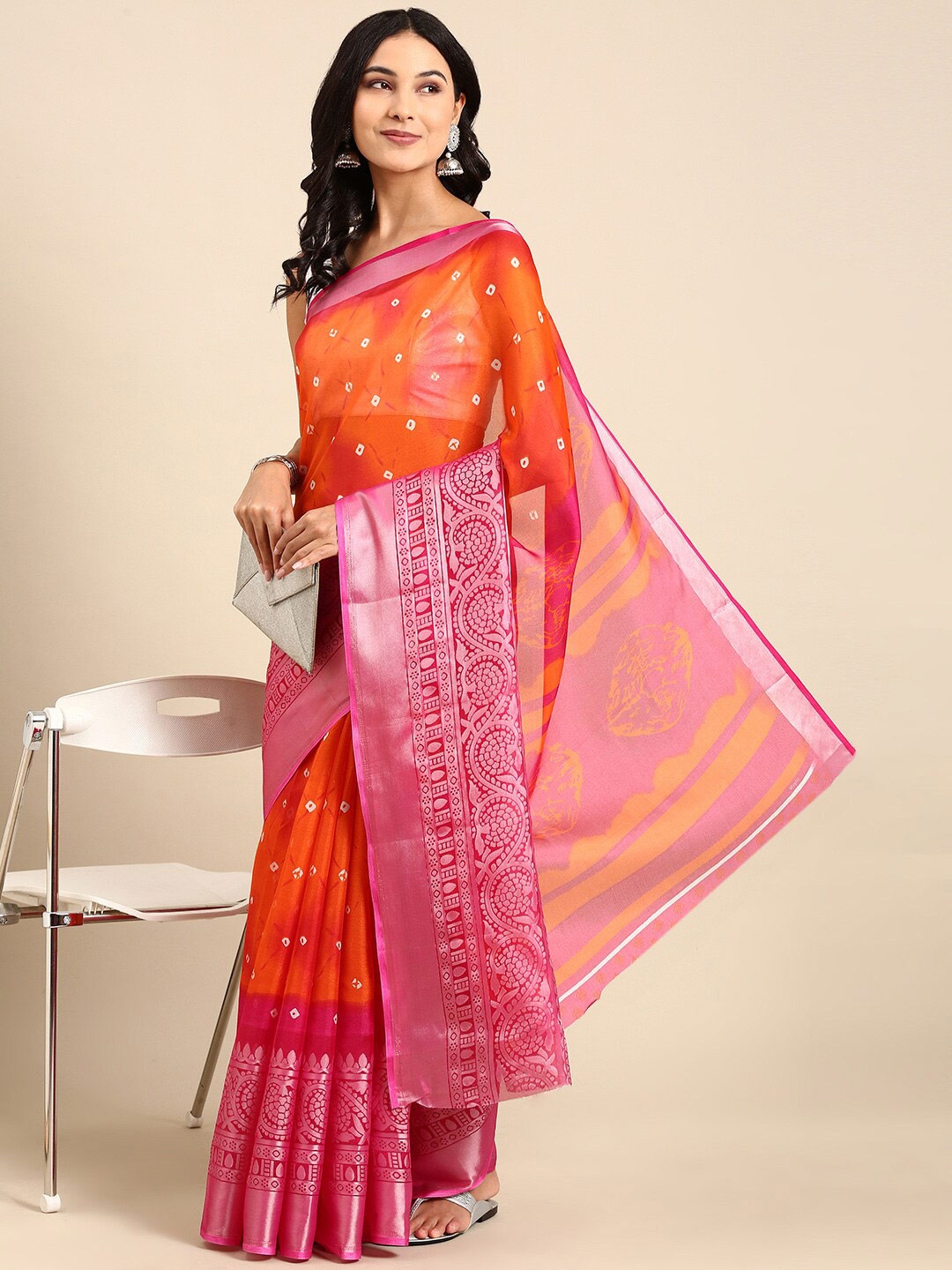 

Anouk Orange & White Bandhani Zari Pure Cotton Saree