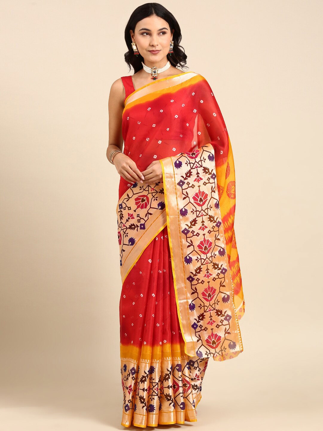 

Anouk Bandhani Zari Pure Cotton Saree With Blouse Piece, Red