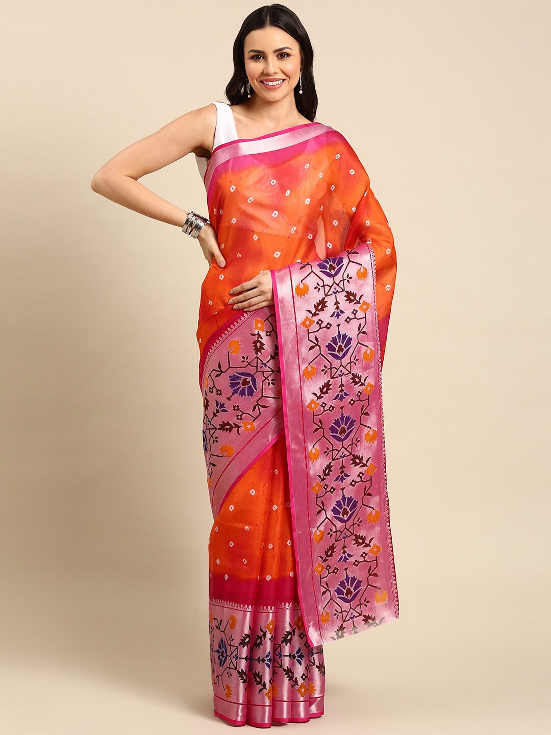 

Anouk Rust & Purple Bandhani Zari Pure Cotton Saree