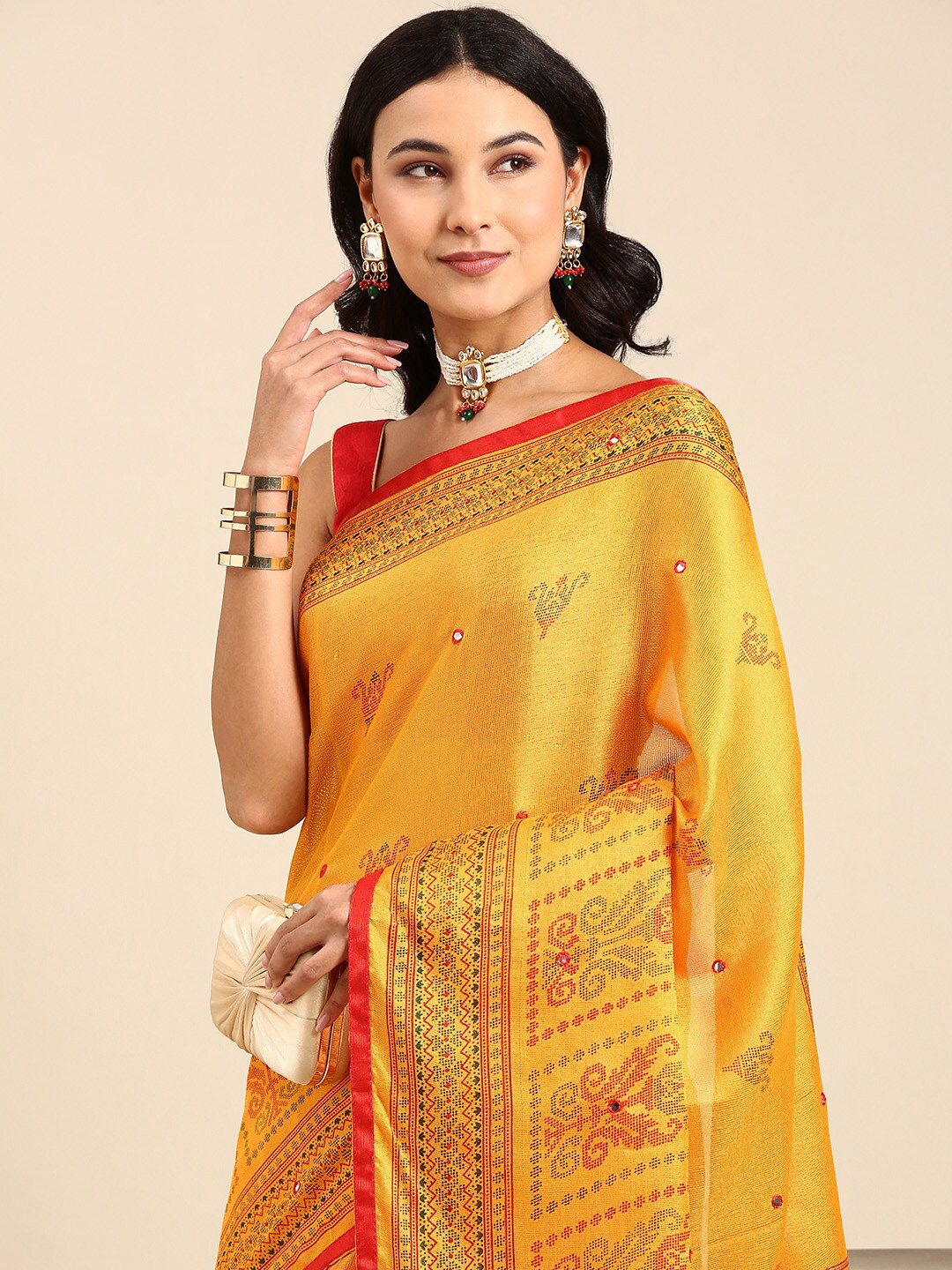 

Anouk Mustard & Red Ethnic Motifs Silk Cotton Kota Saree