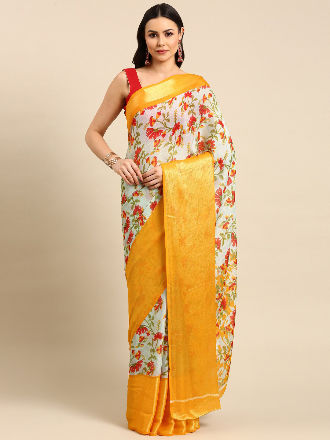 

Anouk Sea Green & Red Florals Zari Pure Chiffon Saree