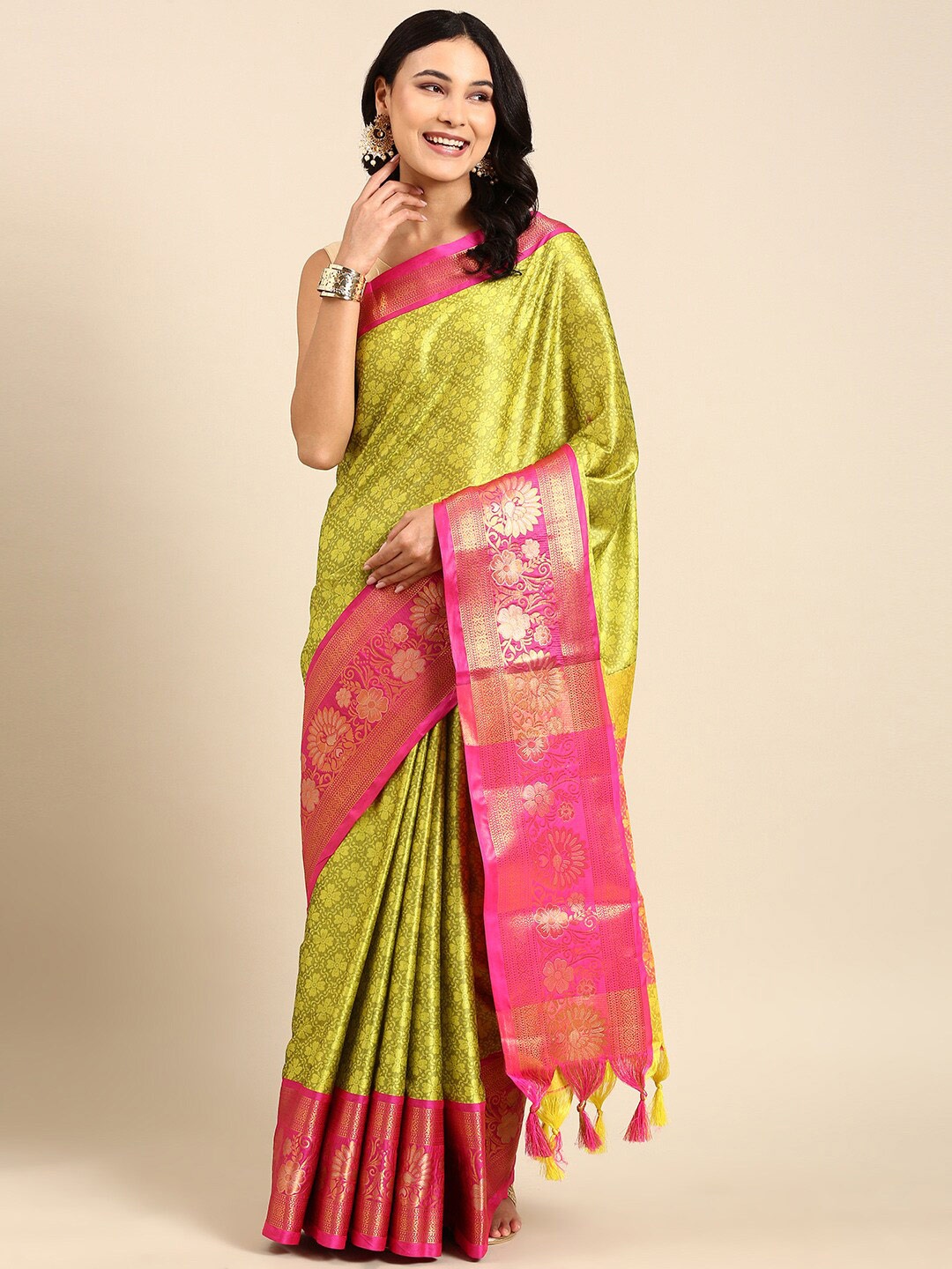 

Anouk Lime Green & Pink Floral Woven Design Zari Kanjeevaram Saree