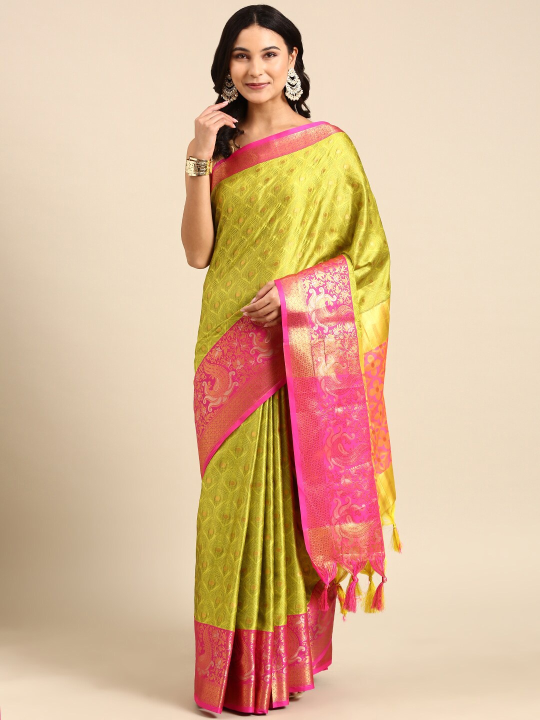 

Anouk Lime Green & Pink Floral Woven Design Zari Kanjeevaram Saree