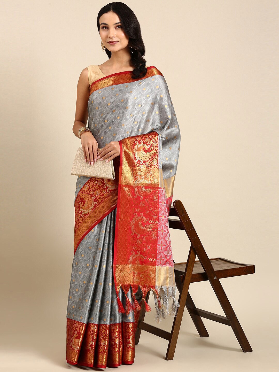 

Anouk Grey & Red Ethnic Motif Woven Design Zari Kanjeevaram Saree