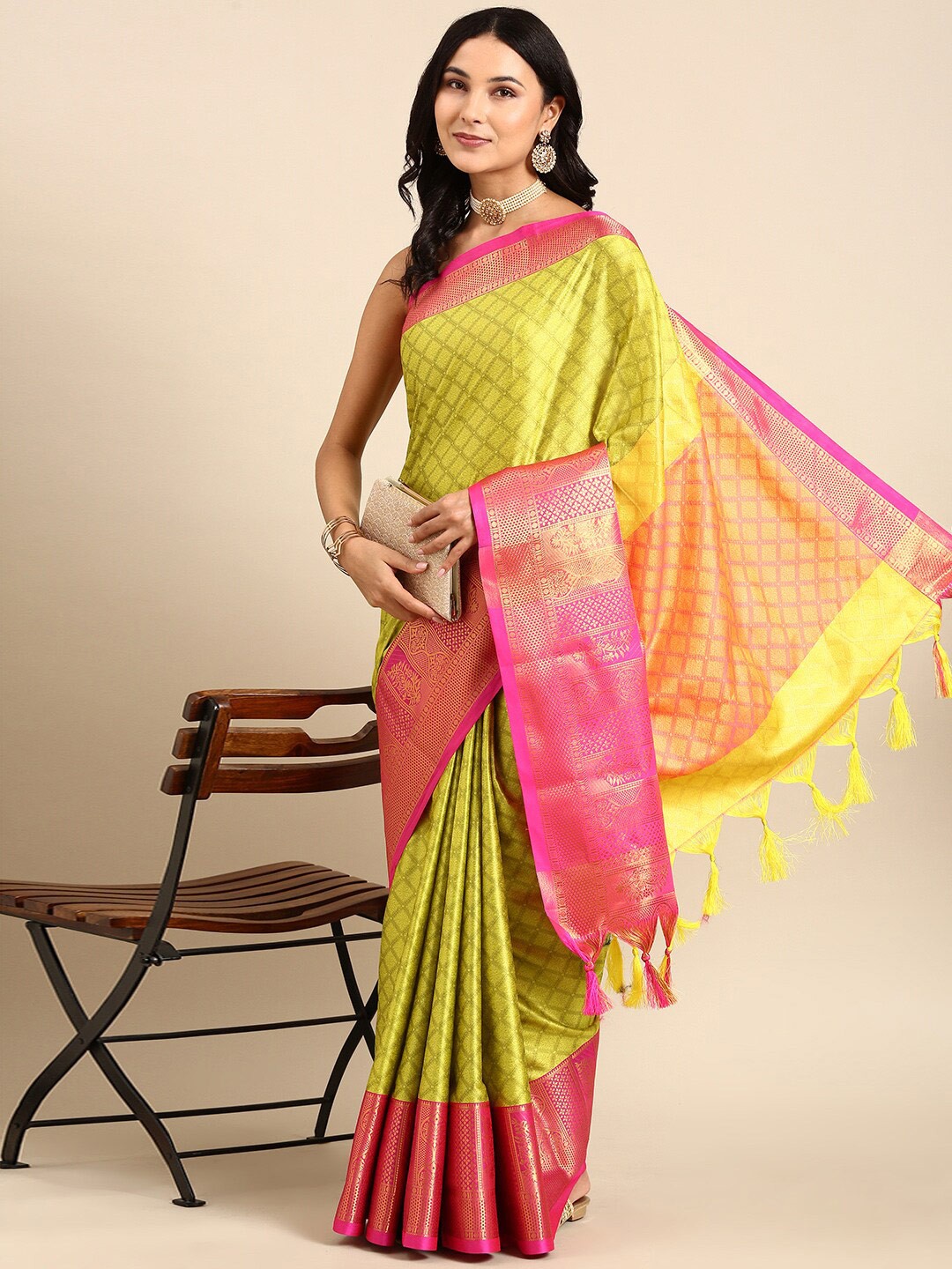 

Anouk Lime Green & Pink Floral Woven Design Zari Kanjeevaram Saree