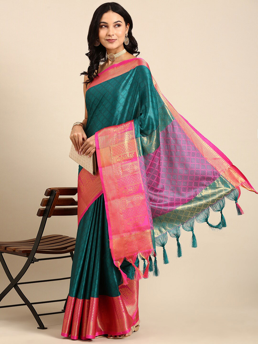 

Anouk Teal & Pink Woven Design Zari Kanjeevaram Saree