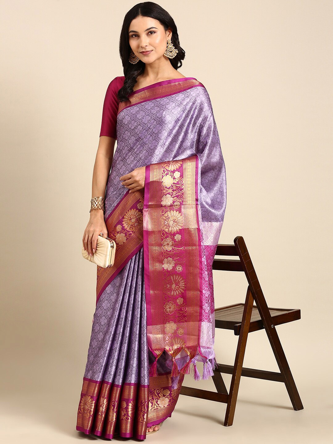 

Anouk Purple & Red Floral Woven Design Zari Kanjeevaram Saree