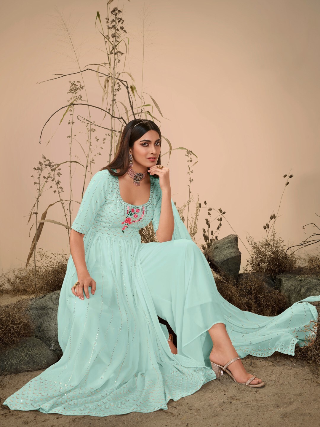 

SHUBHKALA Floral Embroidered Sequinned A-line Georgette Kurta With Palazzos & Dupatta, Blue
