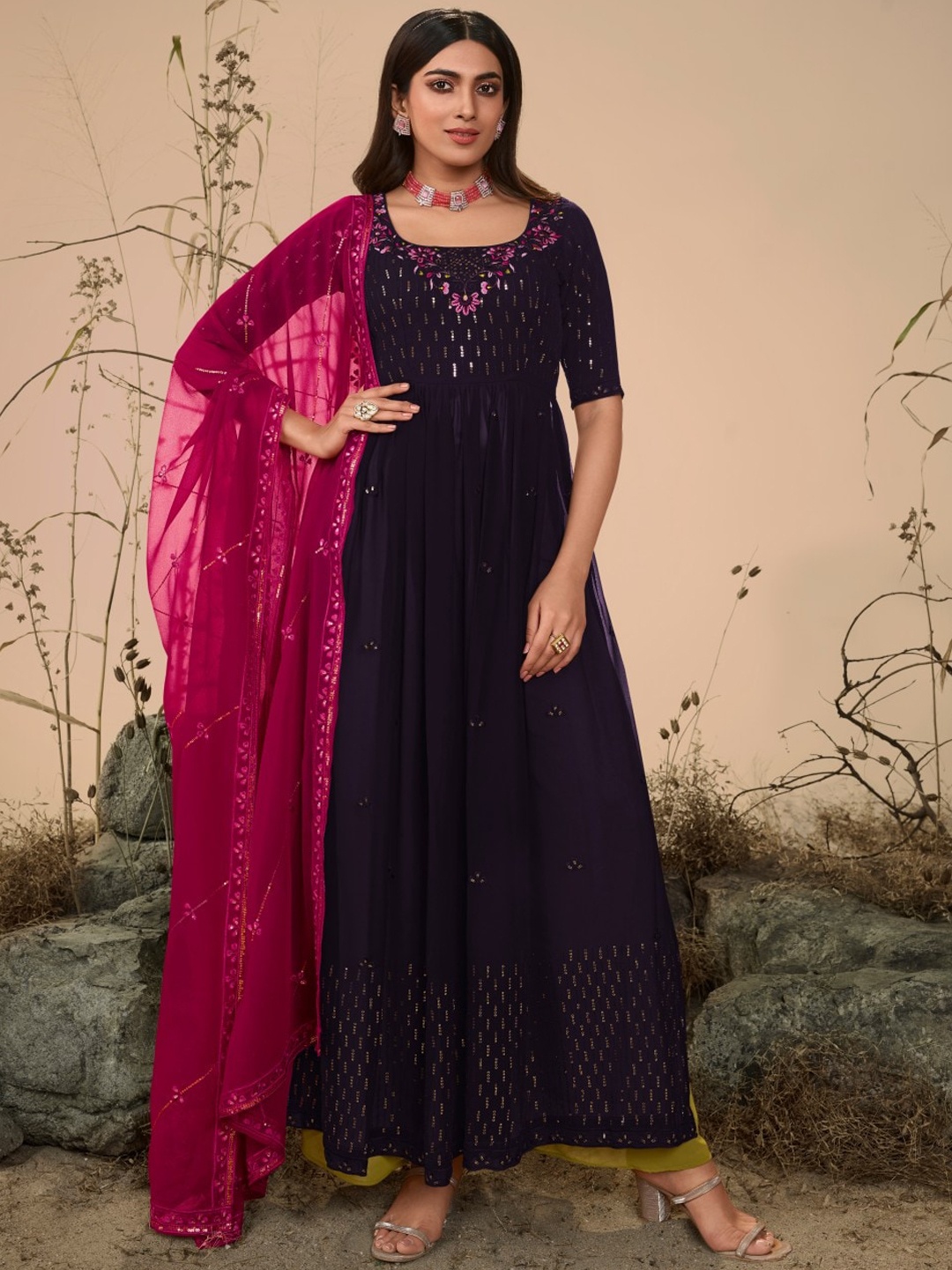 

SHUBHKALA Floral Embroidered Sequinned A-line Georgette Kurta With Palazzos & Dupatta, Purple