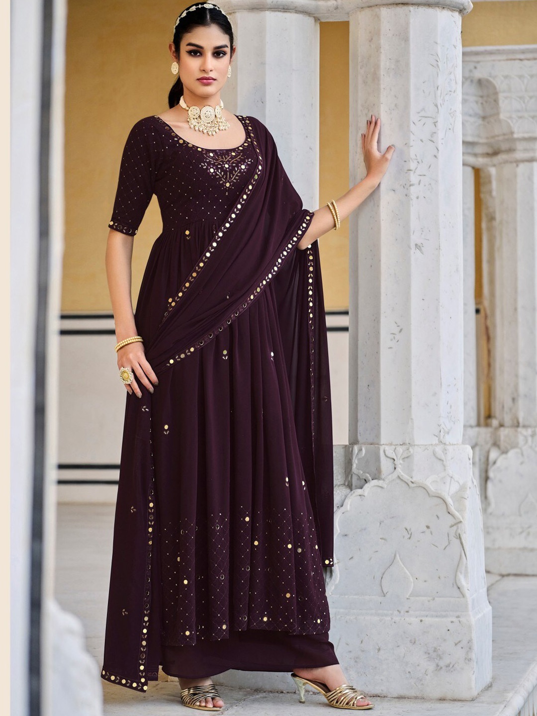 

SHUBHKALA Floral Embroidered Mirror Work Georgette Anarkali Kurta With Palazzos & Dupatta, Purple