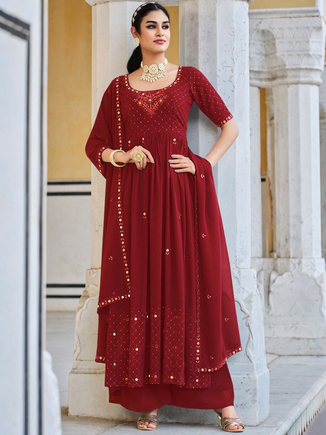 

SHUBHKALA Floral Embroidered Mirror Work Georgette Anarkali Kurta With Palazzos & Dupatta, Red