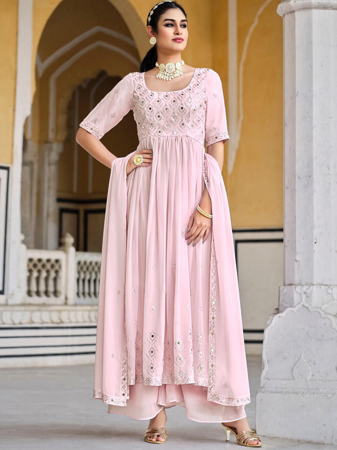 

SHUBHKALA Embroidered Mirror Work Anarkali Kurta With Palazzos & Dupatta, Pink