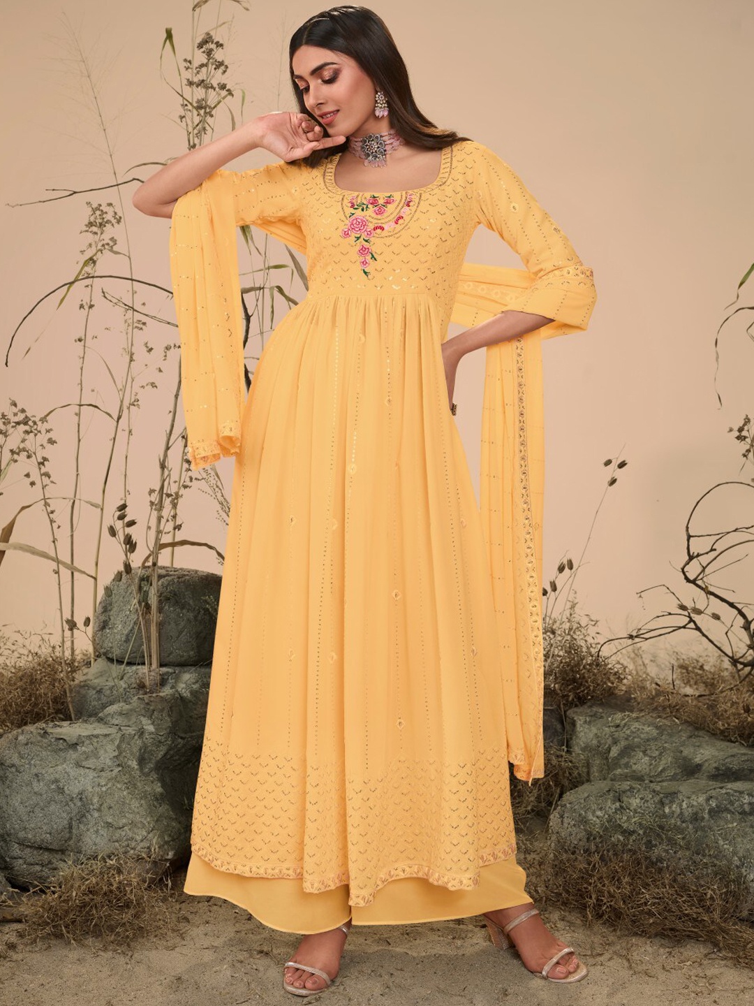 

SHUBHKALA Floral Embroidered Sequinned Anarkali Georgette Kurta With Palazzos & Dupatta, Yellow