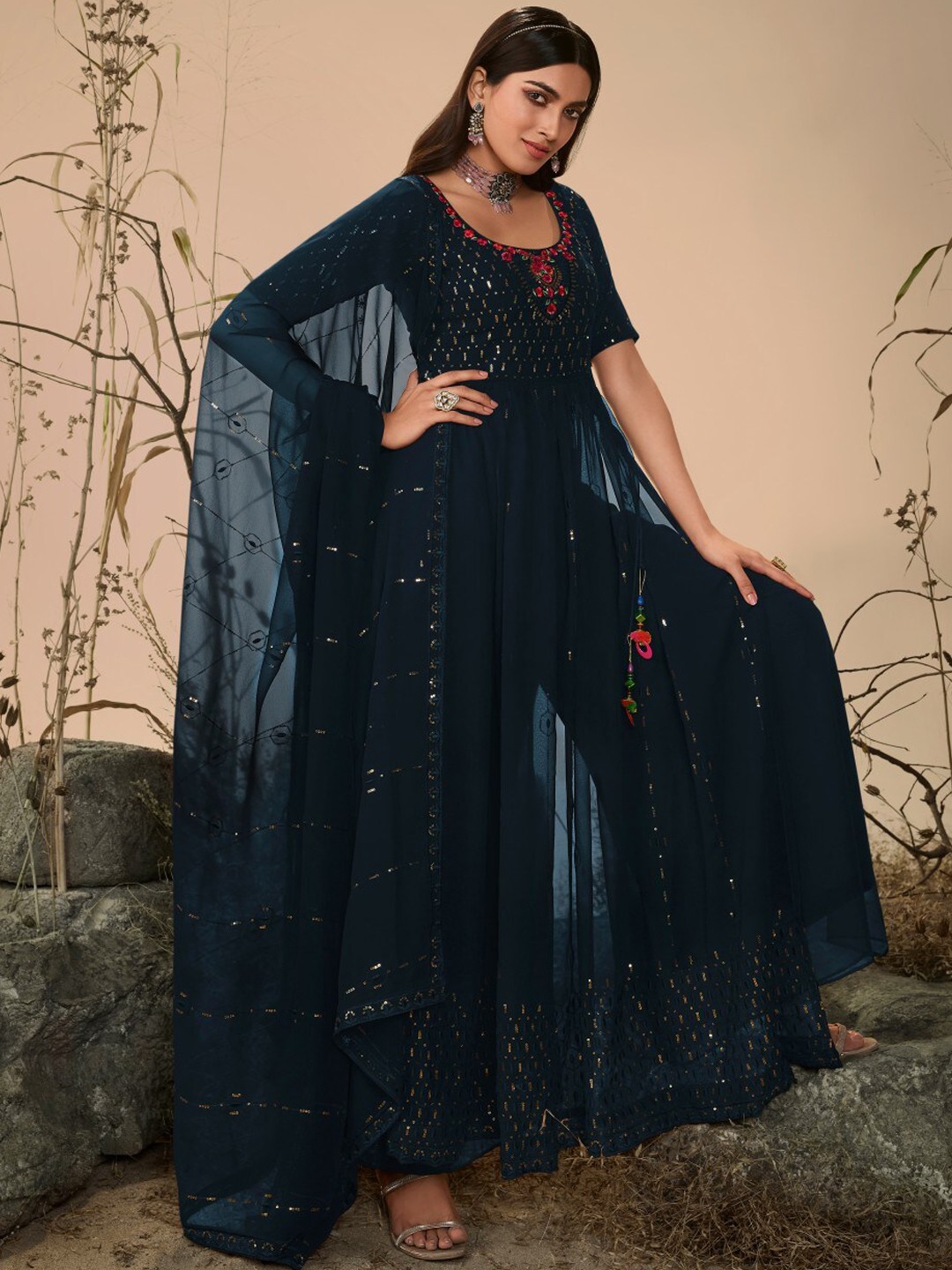 

SHUBHKALA Floral Embroidered Sequinned A-line Kurta With Palazzos & Dupatta, Teal