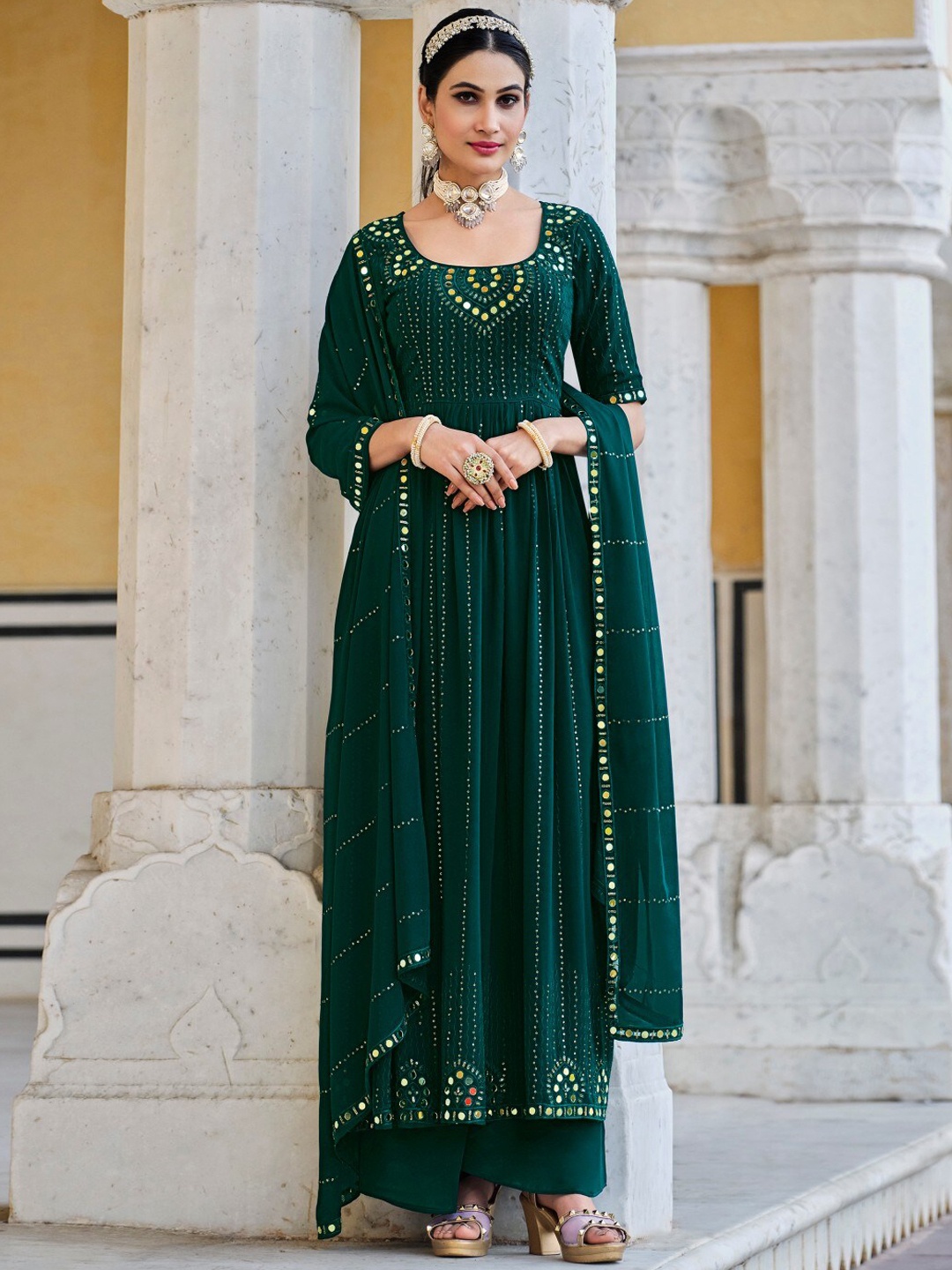 

SHUBHKALA Embroidered Sequinned Mirror Work Anarkali Kurta With Palazzos & Dupatta, Green