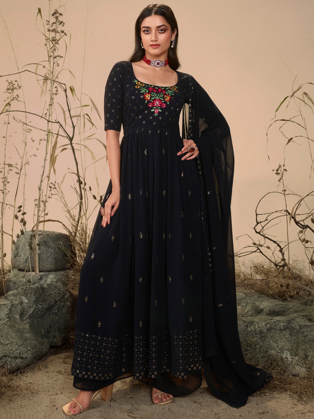 

SHUBHKALA Floral Embroidered Sequinned Anarkali Kurta With Palazzos & Dupatta, Navy blue
