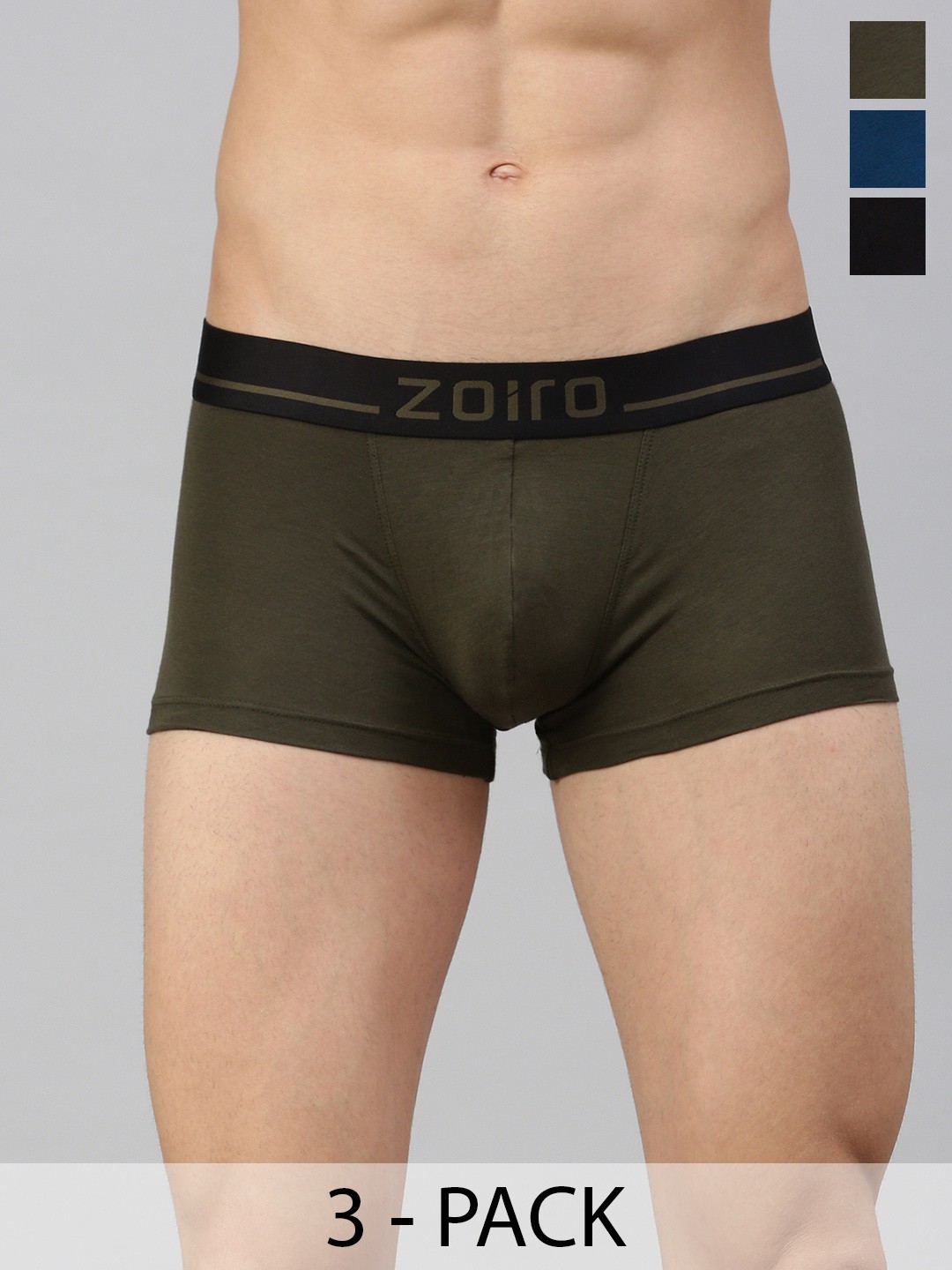 

Zoiro Men Pack of 3 4-Way Stretch Trunks ZO-MSTRU2422-PB-AG-BK-S-3P, Olive