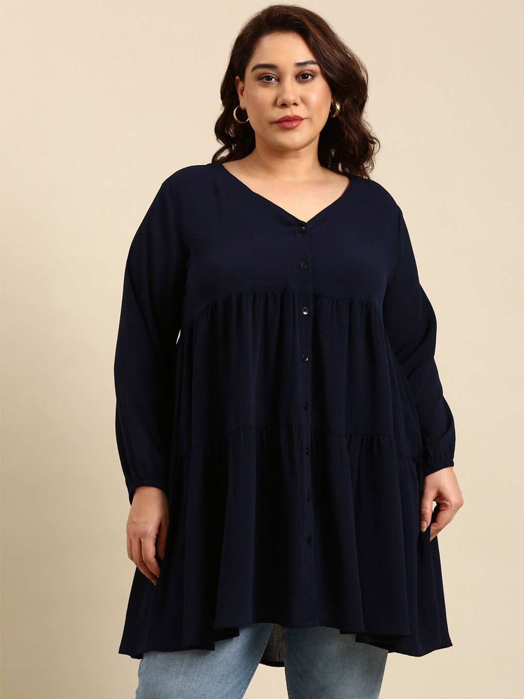 

The Pink Moon Women Plus Size Solid V-Neck Tunic, Navy blue