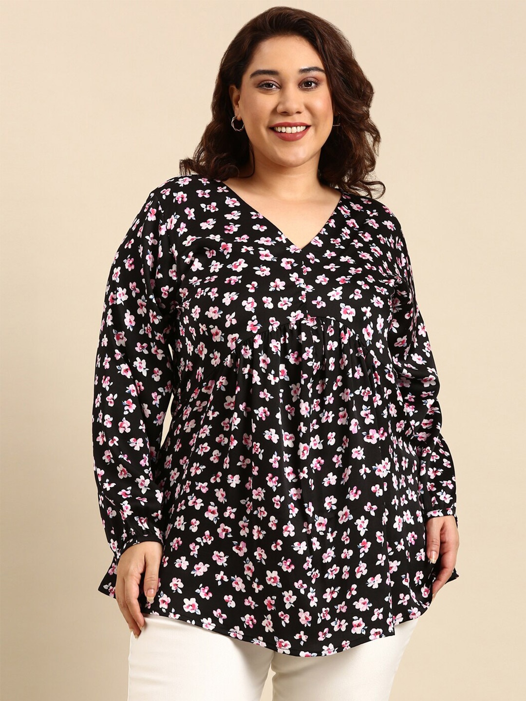 

The Pink Moon Floral Printed Empire Tunic, Black