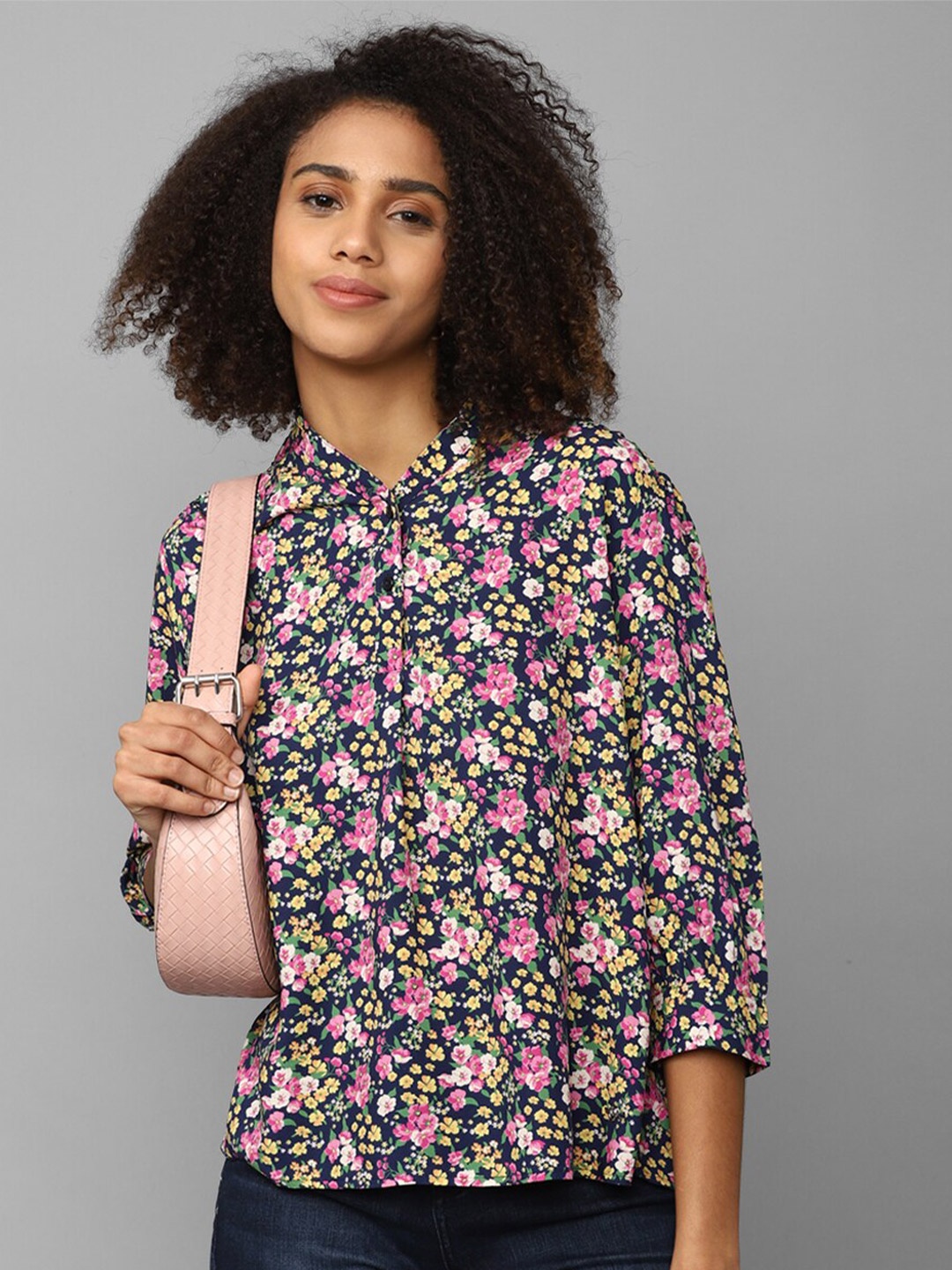 

Allen Solly Woman Floral Printed Three-Fourth Sleeves Shirt Style Top, Navy blue