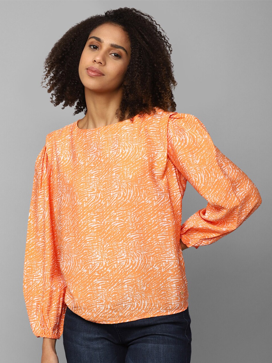 

Allen Solly Woman Printed Boat Neck Puff Sleeves Top, Orange