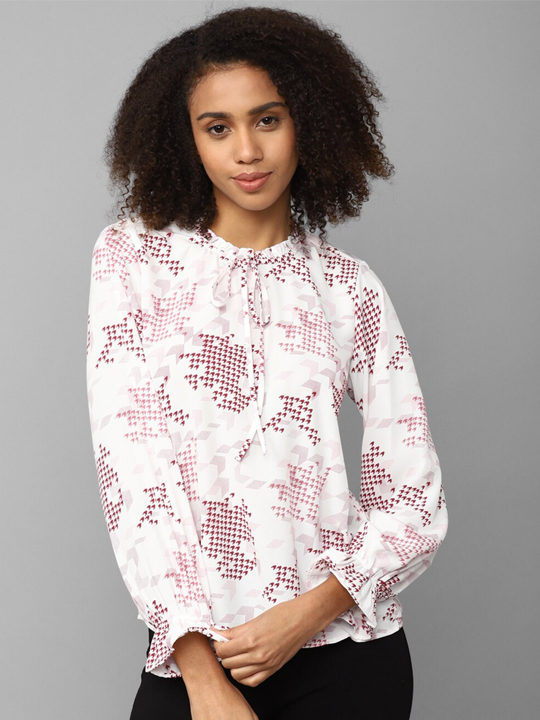 

Allen Solly Woman Geometric Printed Long Cuff Sleeves Tie-Up Neck Top, White