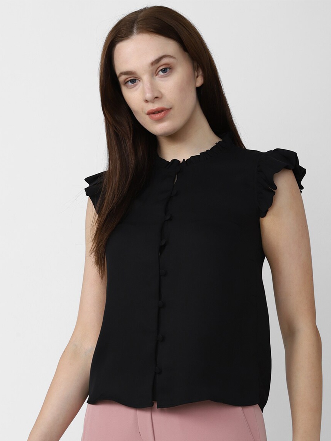 

Van Heusen Woman Band Collar Flutter Sleeves Shirt Style Top, Black