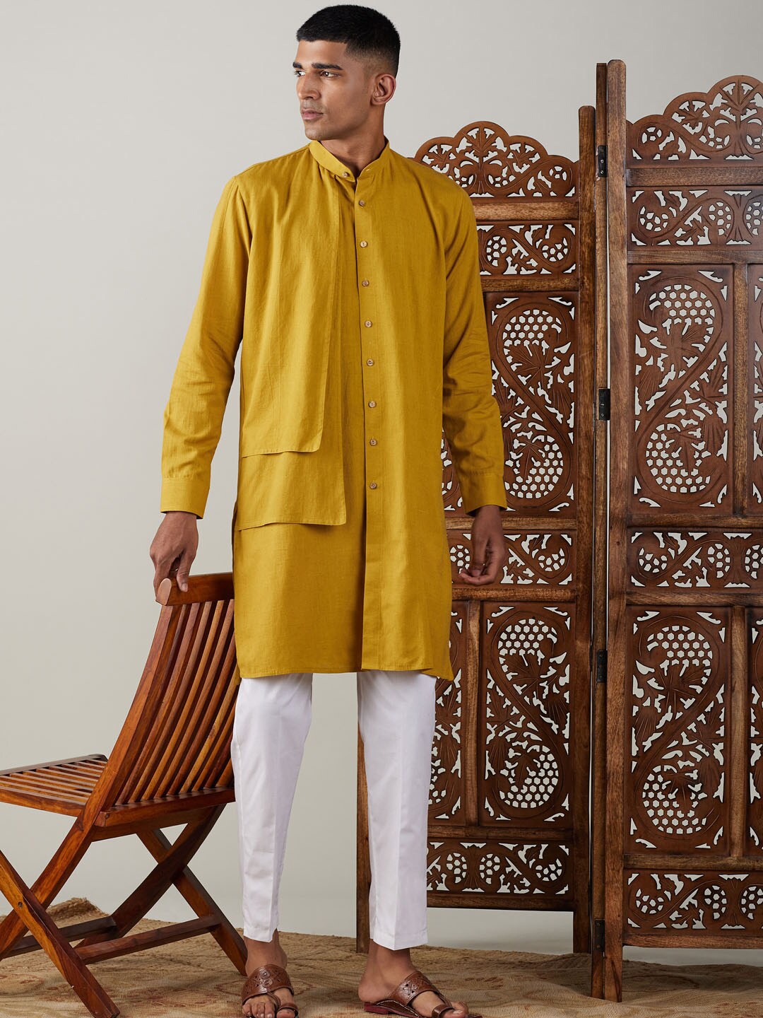 

VASTRAMAY Band Collar Layered Pure Cotton Sustainable Kurta With Pyjamas, Mustard