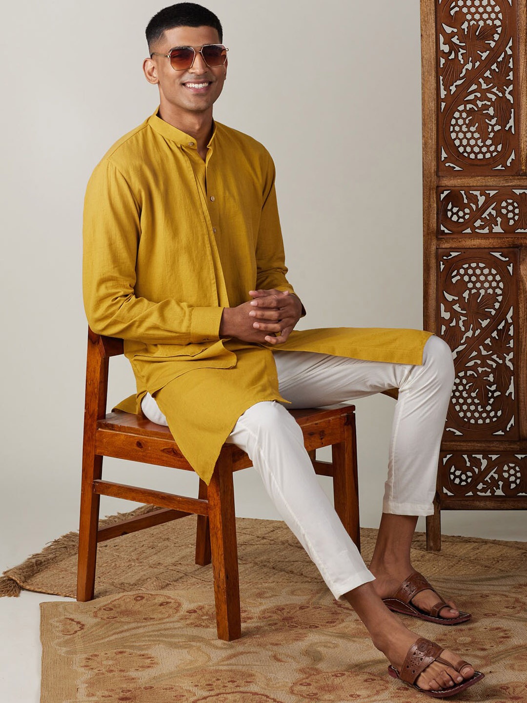 

VASTRAMAY Band Collar Layered Pure Cotton Kurta With Pyjamas, Mustard