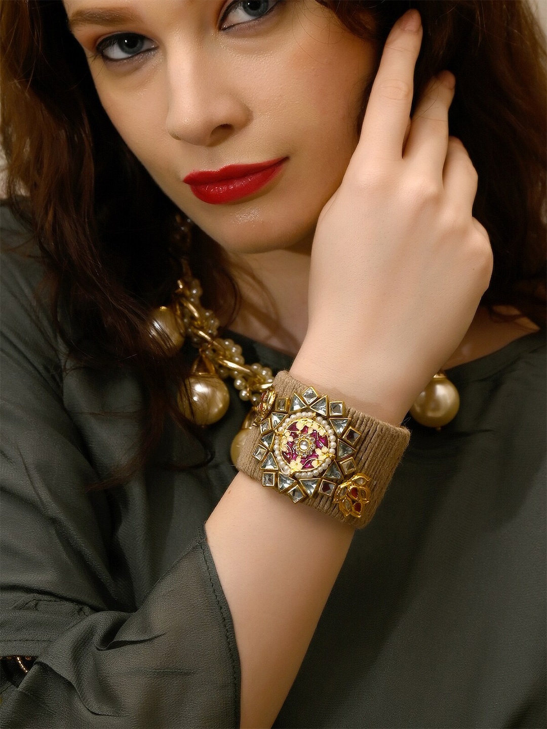 

ODETTE Women Gold Plated Stone Studded Cuff Bracelet, Grey
