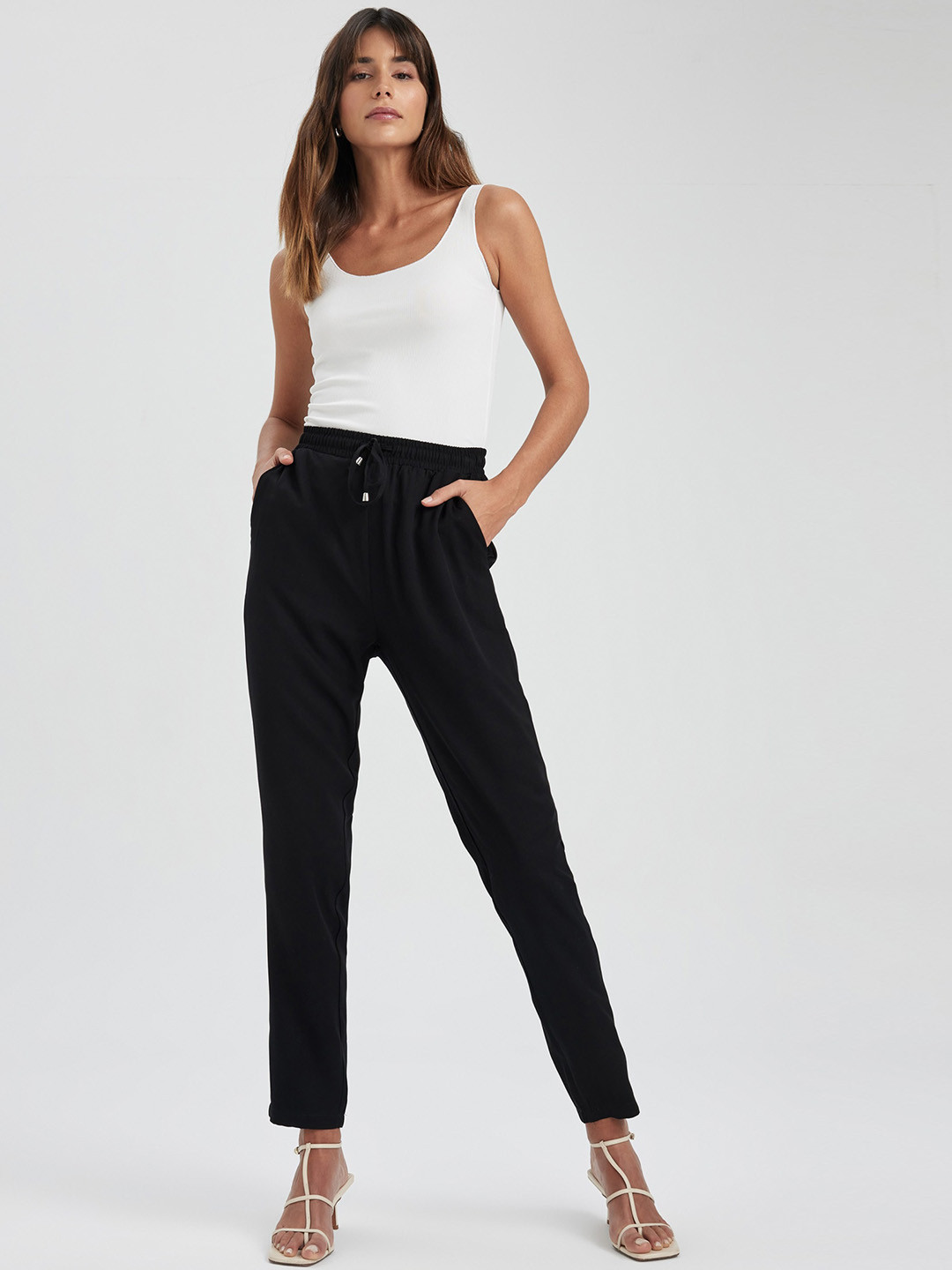 

DeFacto Women High-Rise Plain Regular Fit Trousers, Black