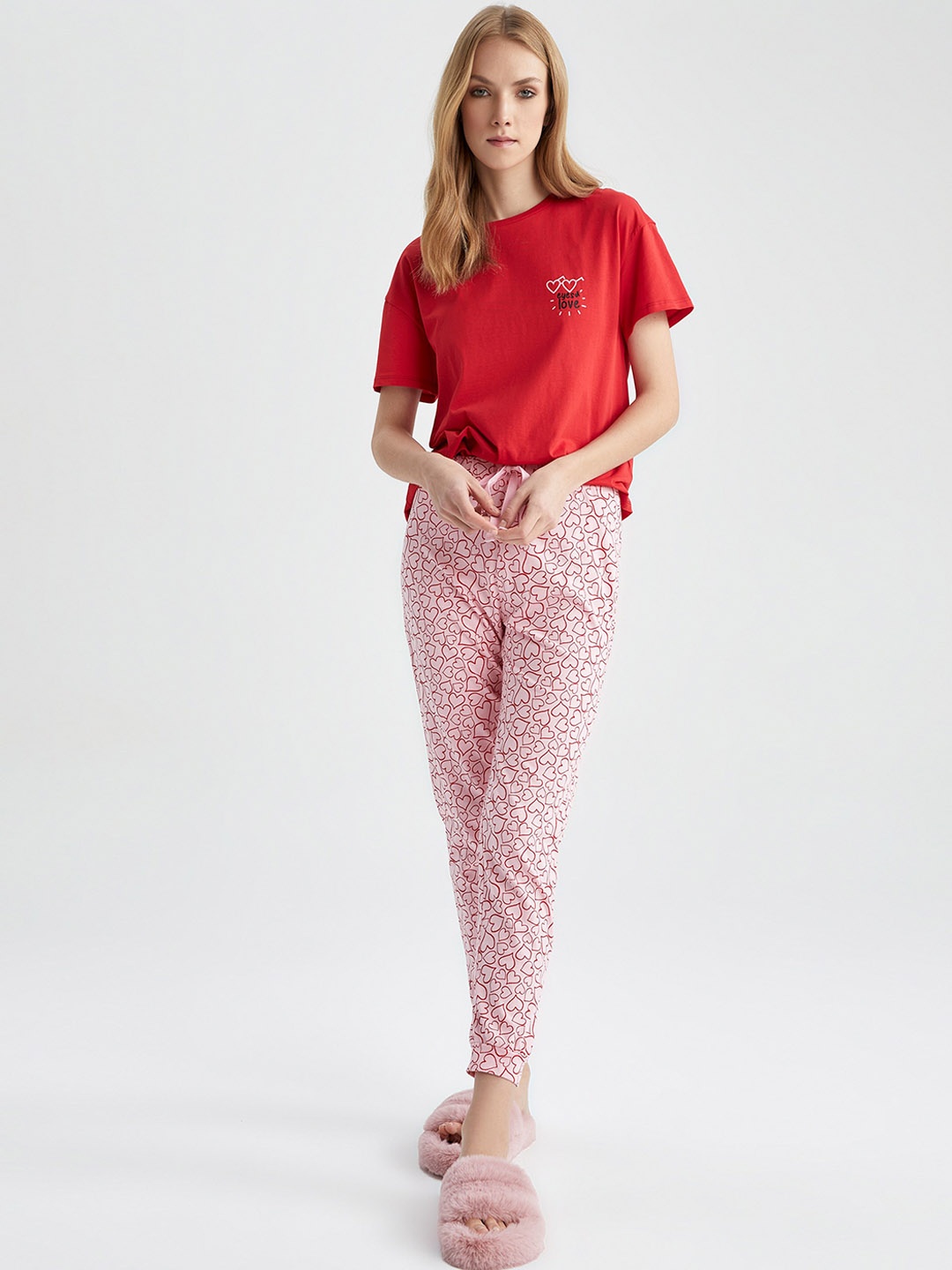 

DeFacto Women Conversational Printed Pure Cotton Lounge Pant, Pink