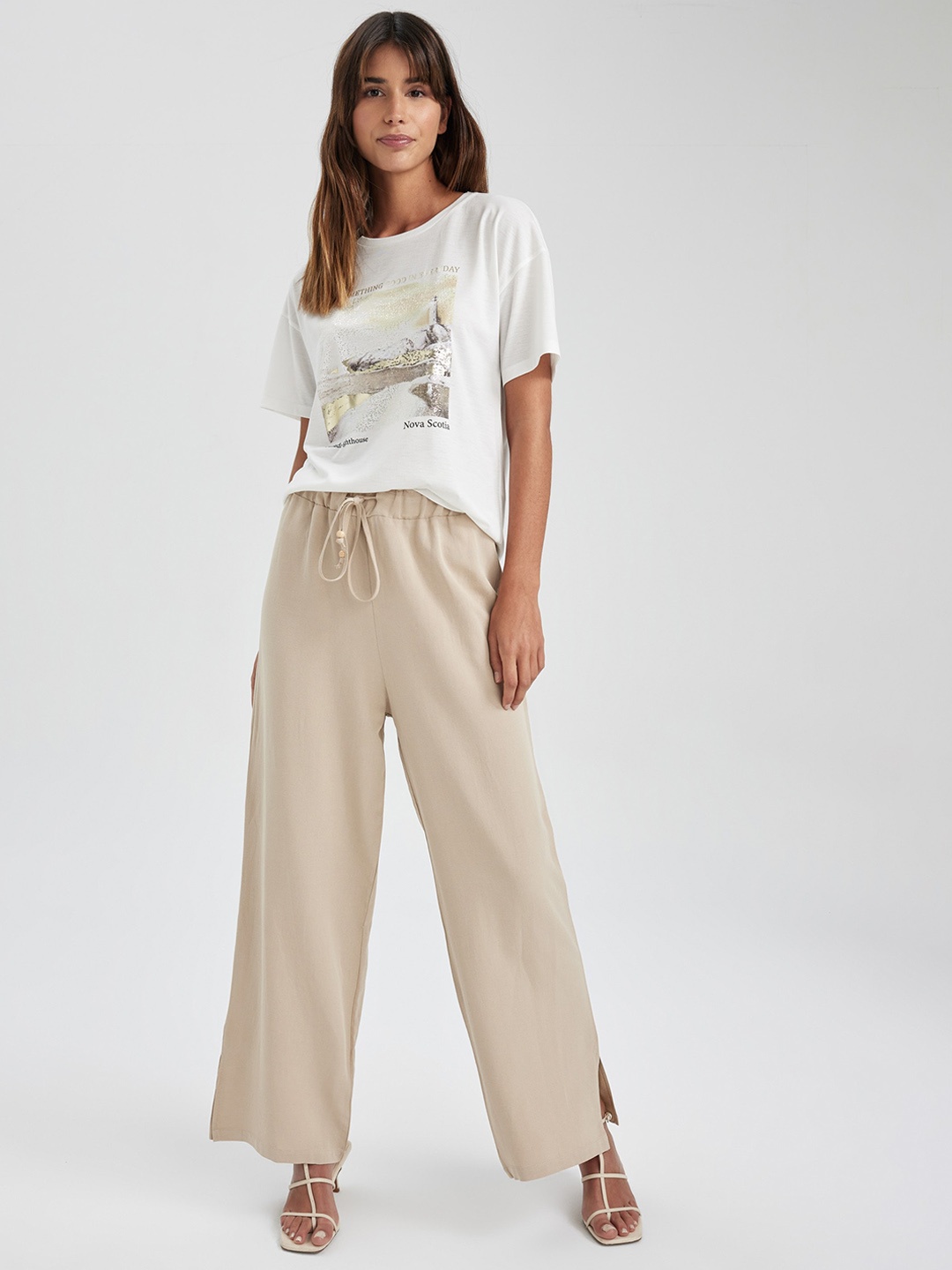 

DeFacto Women Mid Rise Woven Regular Fit Parallel Trousers, Beige