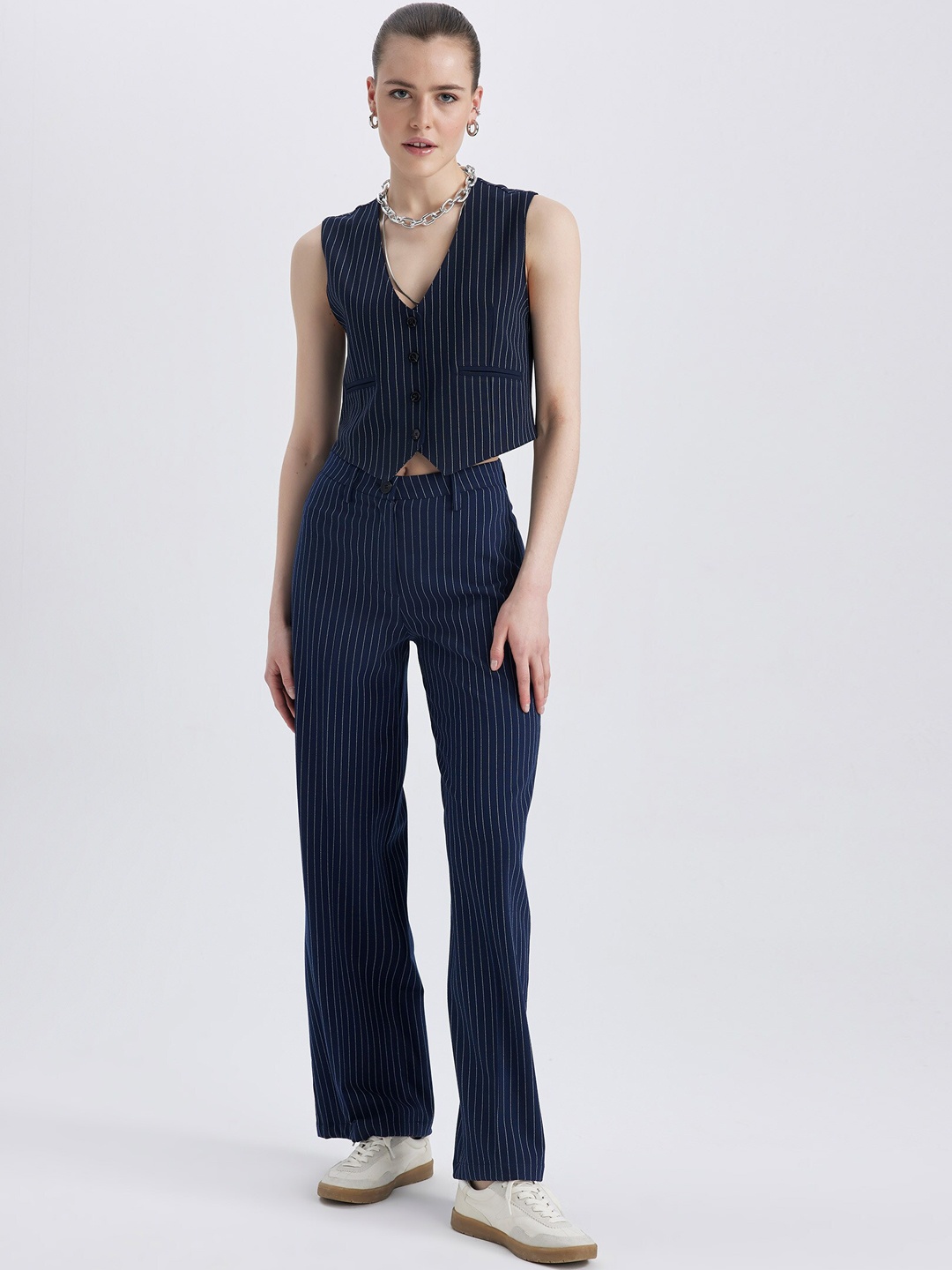 

DeFacto Striped Mid-Rise Bootcut Trousers, Blue